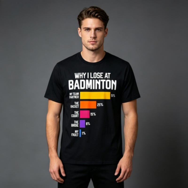 Badminton Quotes - メンズ用、丸首、半袖Tシャツ。面白いバドミントンに関する言葉がプリントされたデザイン。夏にぴったりのカジュアルなメンズウェア。複数のカラーをご用意。