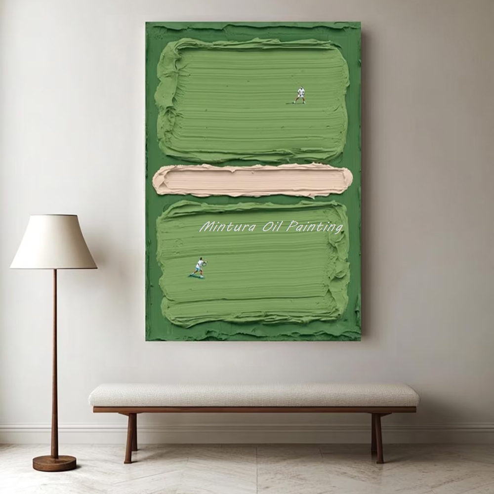 Badminton Quotes - Mintura、手描きの抽象的なテクスチャグリーンテニスコート油絵キャンバス、現代アートポスター、壁の絵、家の装飾